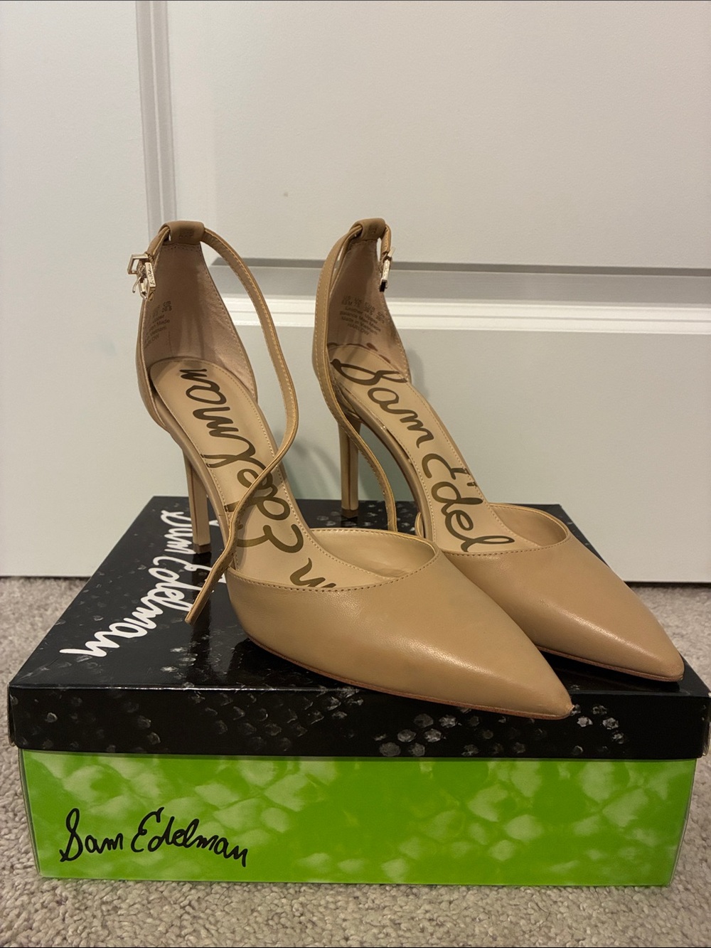 Sam Edelman Tan Pointed-Toe Ankle-Strap Stiletto Pumps